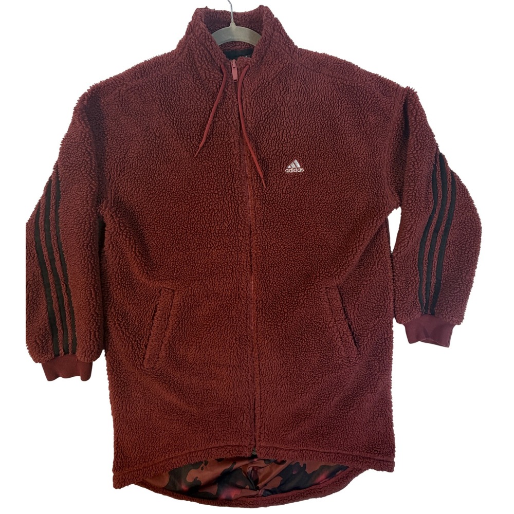 Adidas Sherpa Fleece Jacket Women S Burgundy Excellent 3-Stripe Camo Full Zip